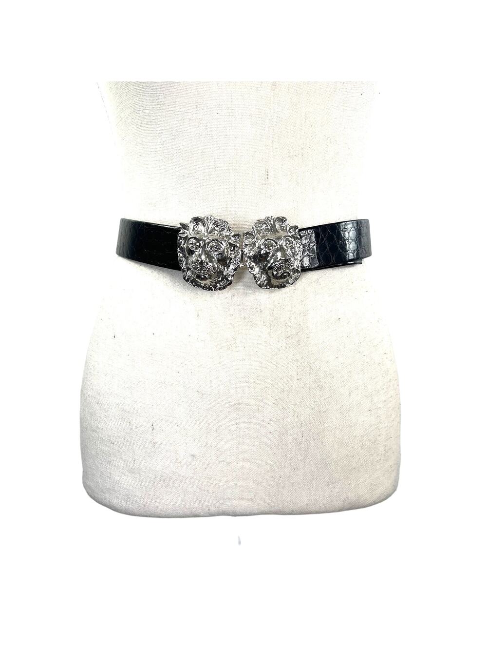 Vintage 70s Mimi di N Lions Head Belt Black Faux Croc Embossed